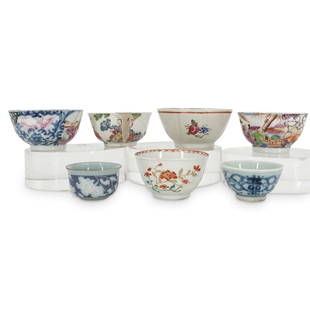 (7 Pc) Antique East Asian Porcelain Tea Cups: DESCRIPTION: Seven porcelain teacups, each featuring floral and foliage or figural motifs and/or geometric patterns. CIRCA: 19th Century, possibly older ORIGIN: East Asia DIMENSIONS: H: 1.25-1.75" D: