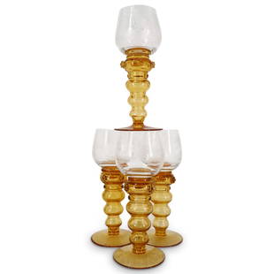 (4 Pc) Antique Bohemian Two Tone Frosted Chalices: DESCRIPTION: Four Bohemian glass chalices, each composed of a honey tone stem and foot adorned with prunts and supporting a clear glass bowl sporting a frosted "S" monogram and a scene of wild game. C