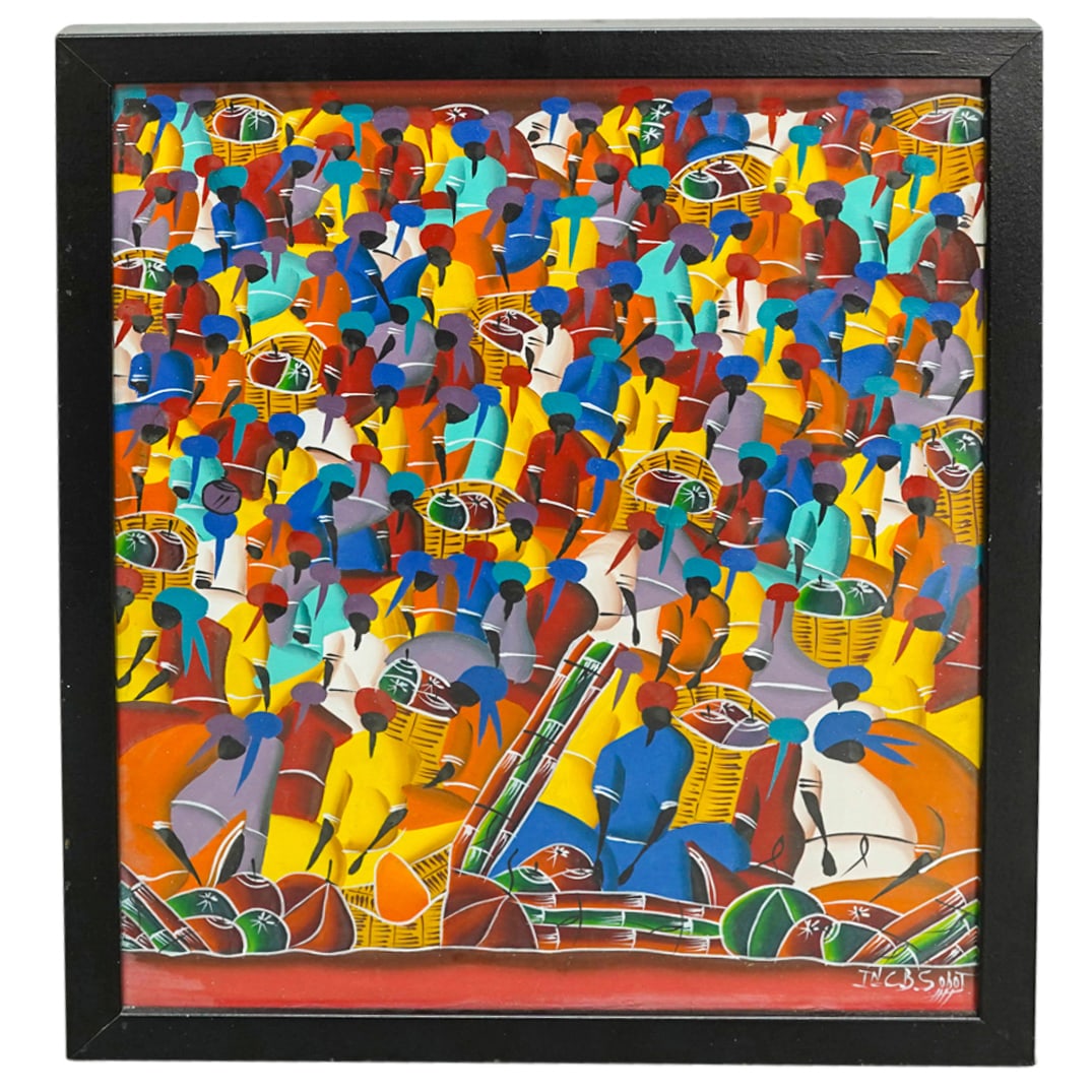 Signed Haitian OIl On Canvas: DESCRIPTION: Oil on canvas painting depicting a crowd of dark skinned figures with baskets and bamboo. Signed illegibly at lower right. Mounted in a black frame. CIRCA: 20th Century ORIGIN: Haiti DIME