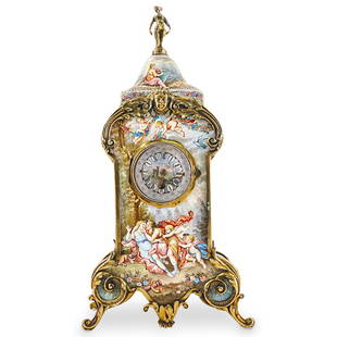 Antique Viennese Enamel & Gilt Silver Clock: DESCRIPTION: Antique Viennese polychrome enamel & gilt silver clock featuring allegorical scenes, floral motifs, scrolling foliage motifs, figural finial, and enamel accents. Marked in several places