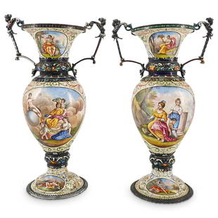 Pair Antique Hermann Bohm Viennese Enamel & Silver Vases: DESCRIPTION: Pair of antique Viennese polychrome enamel & silver vases, mark of Hermann Bohm, each featuring champleve work, allegorical or mythological scenes, floral and scrolling foliage motifs,