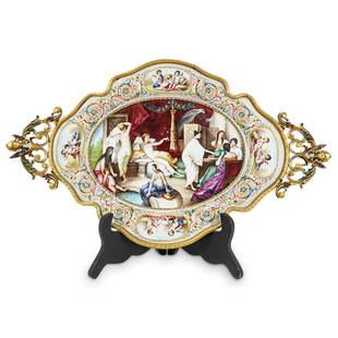 Antique Viennese Enamel & Gilt Bronze Platter: DESCRIPTION: Antique Viennese polychrome enamel & gilt bronze platter featuring central scene of women in neoclassical garb at leisure bordered by floral and foliage motifs and four reserves