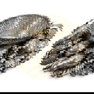 Gianmaria Buccellati Fruit & Foliate Silver Centerpiece: DESCRIPTION: Substantial Gianmaria Buccellati silver centerpiece bowl having woven circular basket centered by sculpted silver fruit and foliate, comprising of various leaves and stemmed fruits to