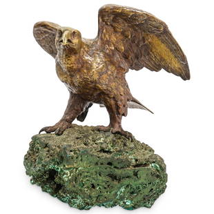 19th Cent. Russian Bronze Eagle on Malachite Base: DESCRIPTION: 19th cent. Russian bronze depicting an eagle in a naturalistic pose deriving from the Russian Imperial coat of arms. The superb bronze mounted atop a large Russian Malachite base.