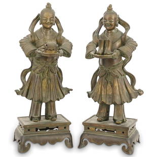 Large Pair of Antique Chinese Gilt Bronze Attendant Figures: DESCRIPTION: Large pair of antique Chinese gilt bronze attendant figures with intricate, layered, draped robe details, each with extended trays supporting offerings, completed on rectangular,