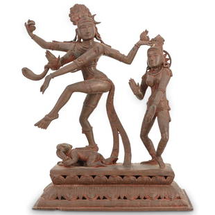 Large Antique Bronze Indian Dancing Lord Shiva & Shakti: DESCRIPTION: Large Antique bronze Indian dancing lord Shiva and Shakti figures, raised on a rectangular open-work double lotus base. Rich brown patina. Provenance: (Collection of Alfred Byrd Graf)