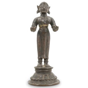 Antique Indian Bronze Deepa Lakshmi Figure: DESCRIPTION: Antique Indian bronze Deepa Lakshmi figure on inverted lotus petal base. Lakshmi in etched garb with jeweled reliefs and tied back hair and arms forward. Provenance: (Collection Alfred