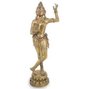 Large 19th C. Nepalese Gilt Bronze Dancing Tara: DESCRIPTION: Large 19th Century Nepalese gilt bronze dancing Tara figure with draped garb and jeweled reliefs, posed atop a double lotus inverted base. Provenance: (Collection of Alfred Byrd Graf)