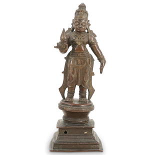 Large 17th C. Indian Bronze Standing Shiva: DESCRIPTION: Large 17th C. Indian bronze standing Shiva with intricate etched garb and network of jeweled reliefs throughout, wearing a crown with lotus flower clutched in right hand and left hand at