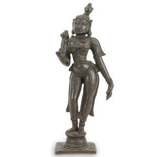 19th C. Indian Bronze Devi Uma Figure: DESCRIPTION: 19th Century Indian bronze Devi Uma figure in a standing upright position with lotus in right hand, and body decorated in stylized beaded jewels, completed with a dark brown patina and ra