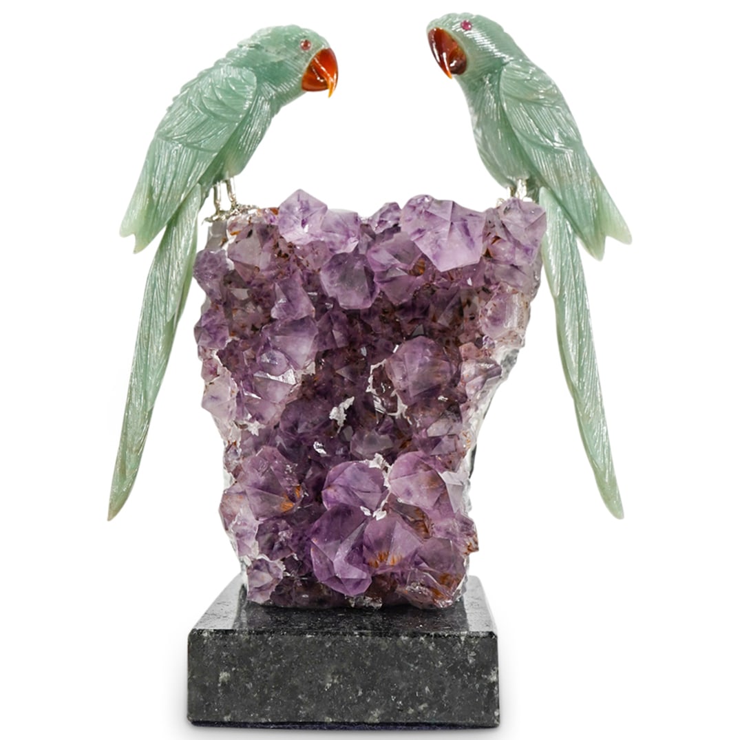 Carved Gemstone Parrot Birds Sculpture On Amethyst (1 of 4)