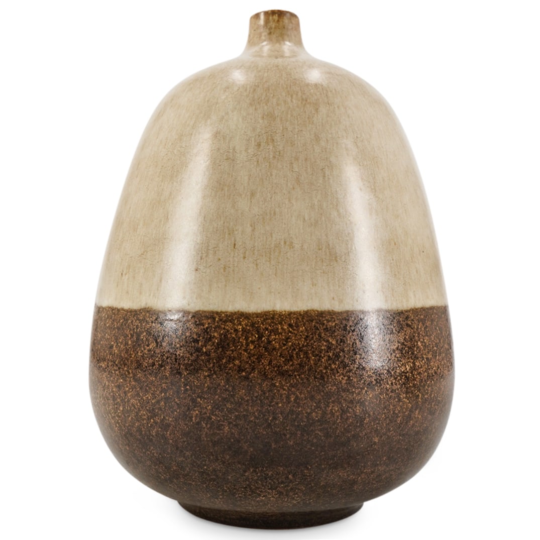 Alvino Bagni For Raymor Two Tone Ceramic Vase: DESCRIPTION: Mid-century two-tone ceramic art pottery vase designed by Alvino Bagni for Raymor. Raymor label adhered to underside. CIRCA: Mid 20th Century ORIGIN: Italian DIMENSIONS: H: 10.5" Diameter