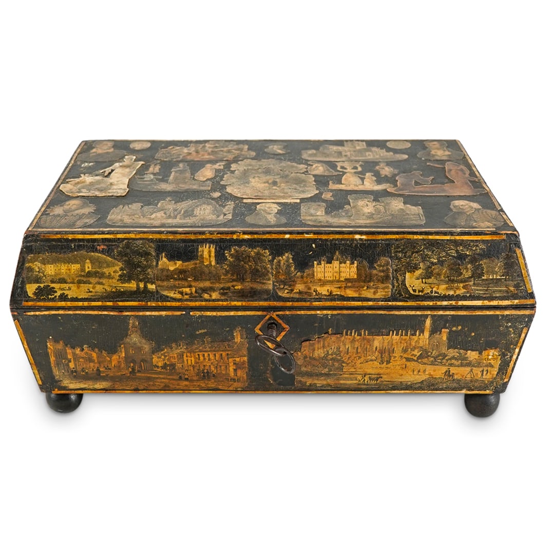 Italian Ebonized Victorian Era Box: DESCRIPTION: Italian Victorian era ebonized wood box with rectangular form, features lacquered engravings throughout with locking key entry and ball feet. CIRCA: Late 19th to Early 20th Cent. ORIGIN: 
