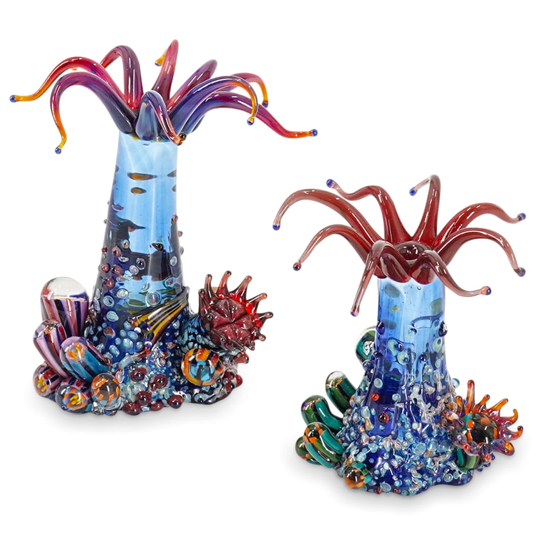 (2 Pc) Tim Jerman (American, 1957 ) Art Glass "Sea Anemones" Sculptures (1 of 5)