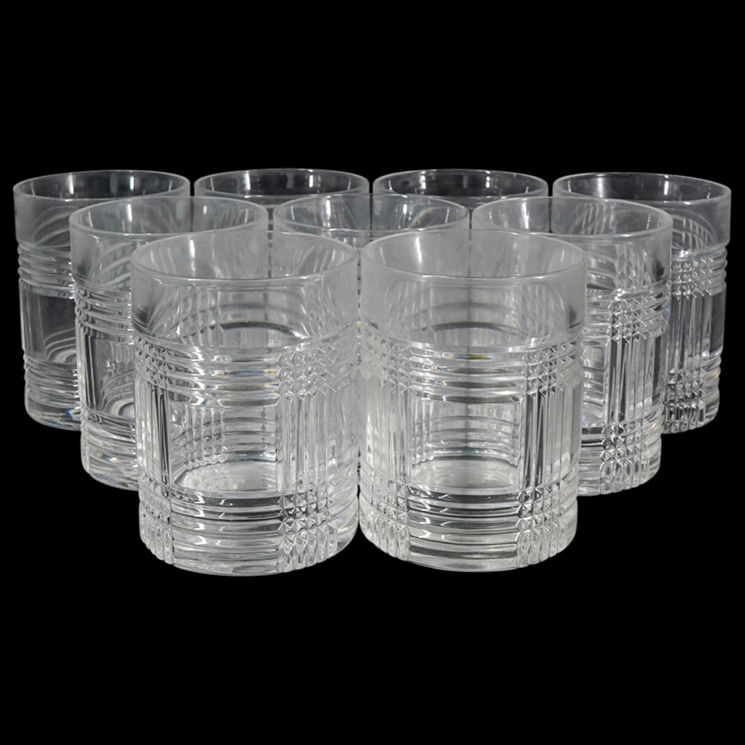 (9 Pc) Ralph Lauren "Glen Plaid" Glass Tumblers: DESCRIPTION: Ralph Lauren "Glen Plaid" glassware featuring incised decorations, acid etched along the bottom "Ralph Lauren". CIRCA: 21st Cent. ORIGIN: USA DIMENSIONS: H: 4.25" Diameter: 3" CONDITION: 
