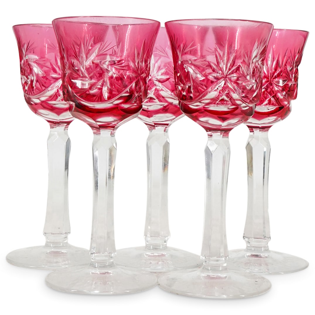 (5 Pc) Bohemian Cut Glass Cordial Glasses Stemware Set (1 of 5)