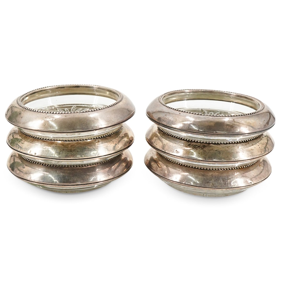 (6 Pc) Vintage Frank M. Whiting & Co. Sterling Silver & Cut Glass Coasters Set (1 of 6)