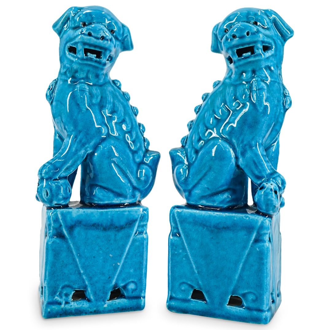 Pair Chinese Turquoise Glazed Guardian Lion Sculptures (1 of 6)