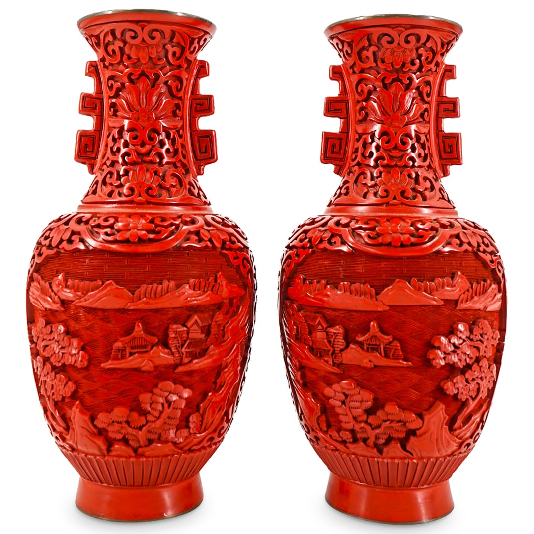 Pair Of Vintage Chinese Cinnabar Mirrored Vases (1 of 8)