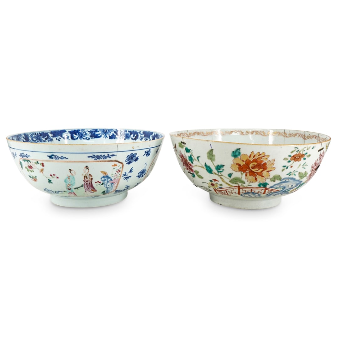 (2 Pc) Antique Chinese Export Porcelain Punch Bowls: DESCRIPTION: Two antique Chinese polychrome export porcelain punch bowls: (1) Famille rose punch bowl, the exterior decorated with floral and foliage motifs, mostly depicted as extending from trees in