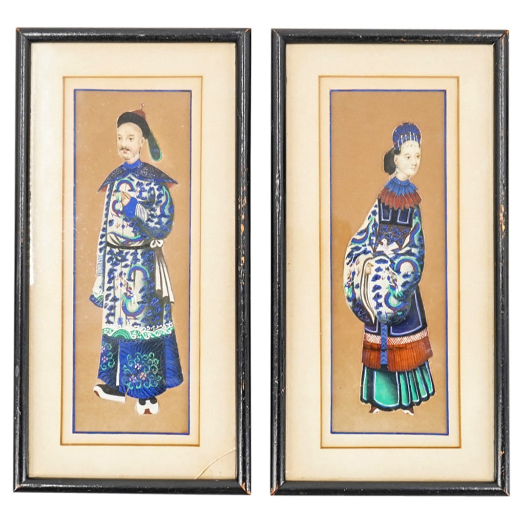 Pair Of Antique Chinese Gouache On Pith Courtier Portraits: DESCRIPTION: Two matching gouache on pith cutout paintings, each depicting a courtier's portrait - one man, one woman - wearing cool colored imperial garb. Each piece is mounted in a black lacquered w