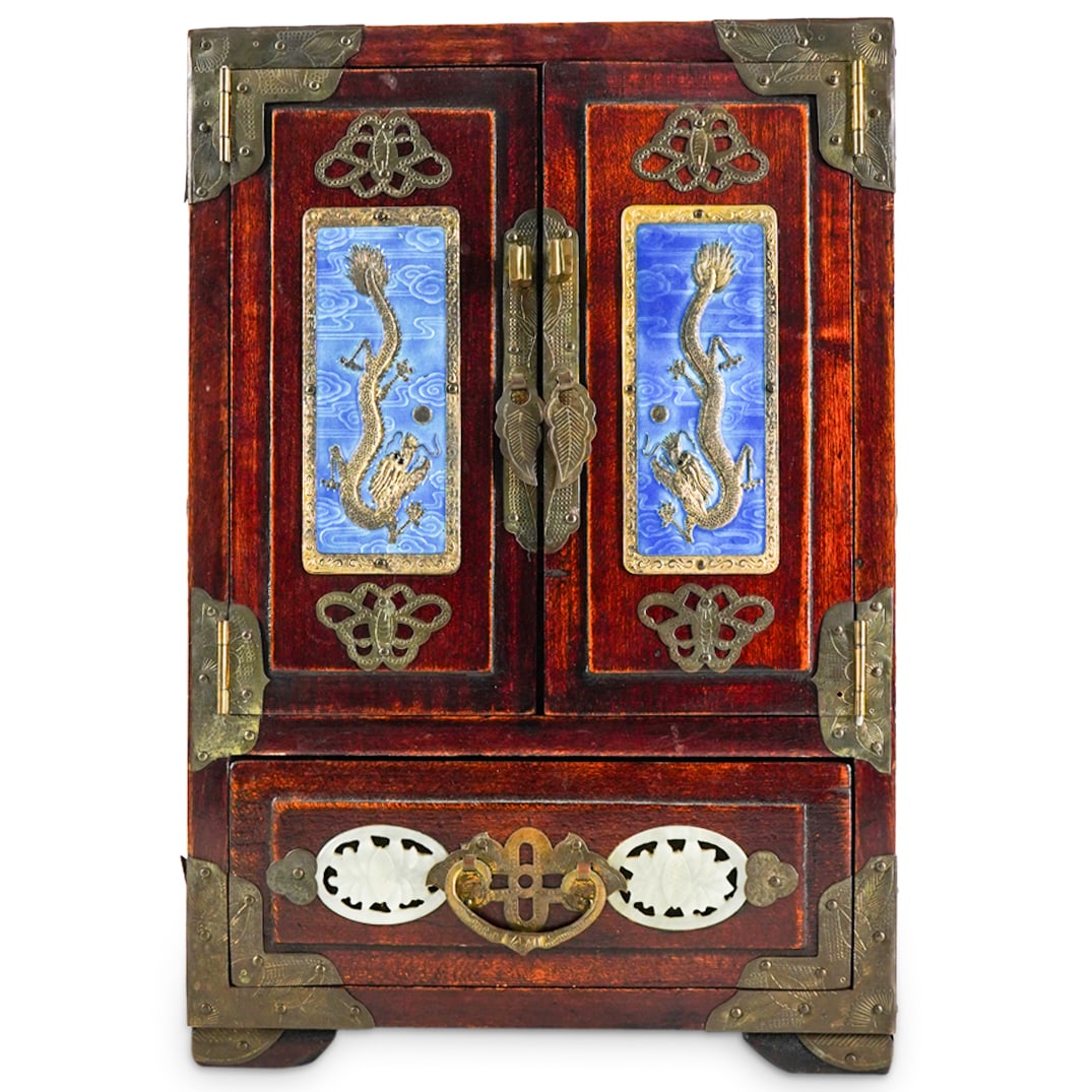 Antique Chinese Carved Wood And White Jade Jewelry Chest (1 of 10)