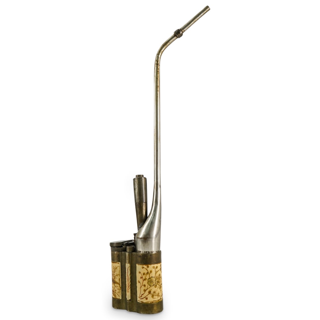Antique Chinese Opium Pipe: DESCRIPTION: Antique Chinese Opium Pipe with a brass and inlaid bone accents, and further embellished with floral and a bird painted motifs. CIRCA: Early 20th Century ORIGIN: China DIMENSIONS: H: 12 1