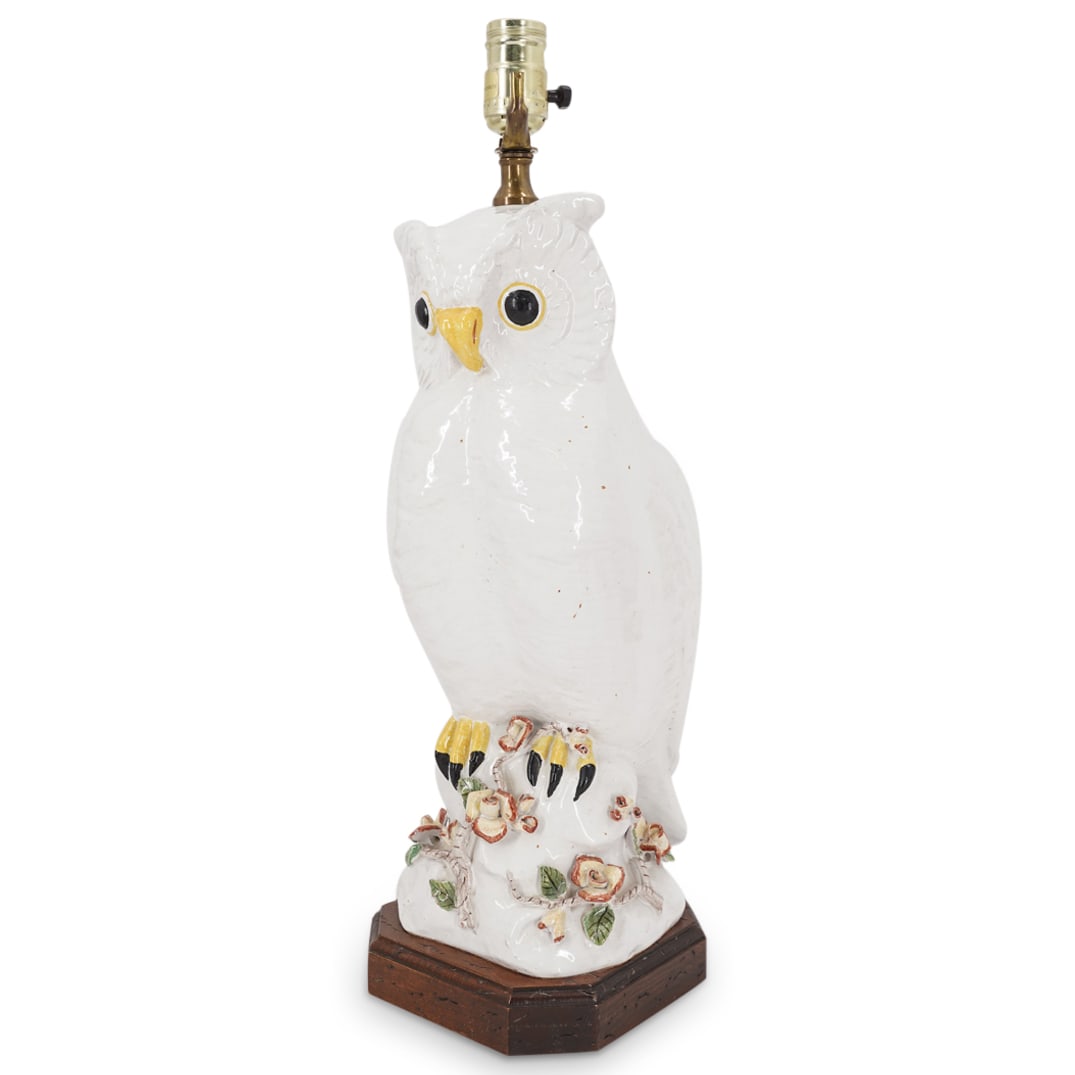 Pair Of Antique Italian Majolica Porcelain Owl Table Lamps (1 of 10)