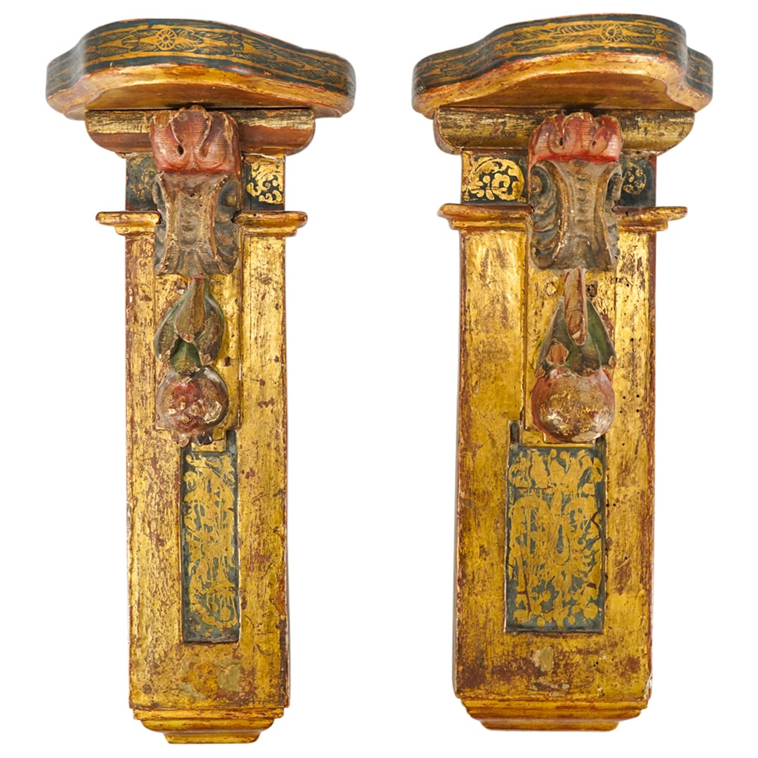 (2 Pc) Antique Italian Carved Giltwood Gessoed Wall Brackets (1 of 7)