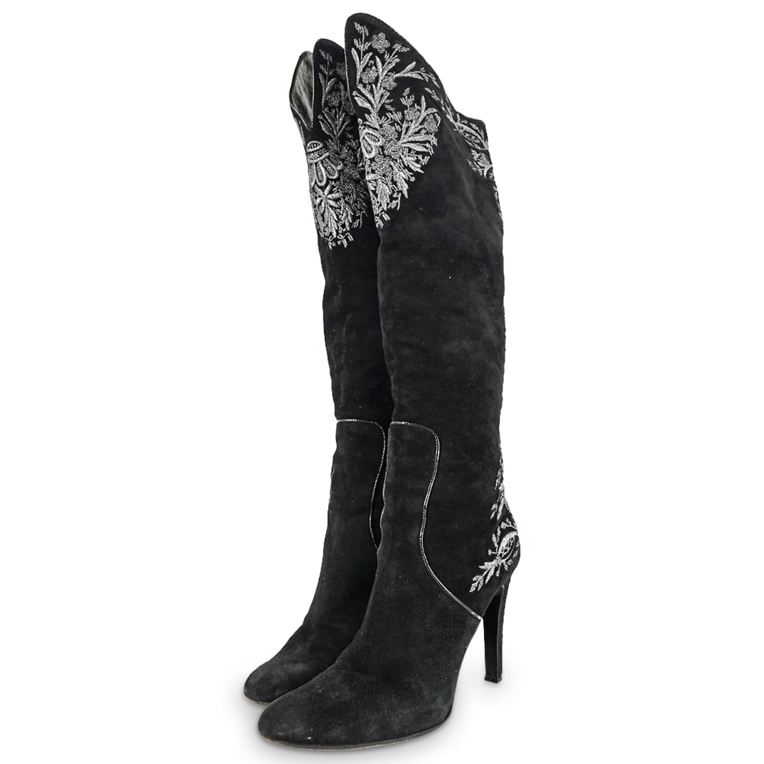 Vintage Designer Gucci Embroidered Black Suede Leather Boots (1 of 6)