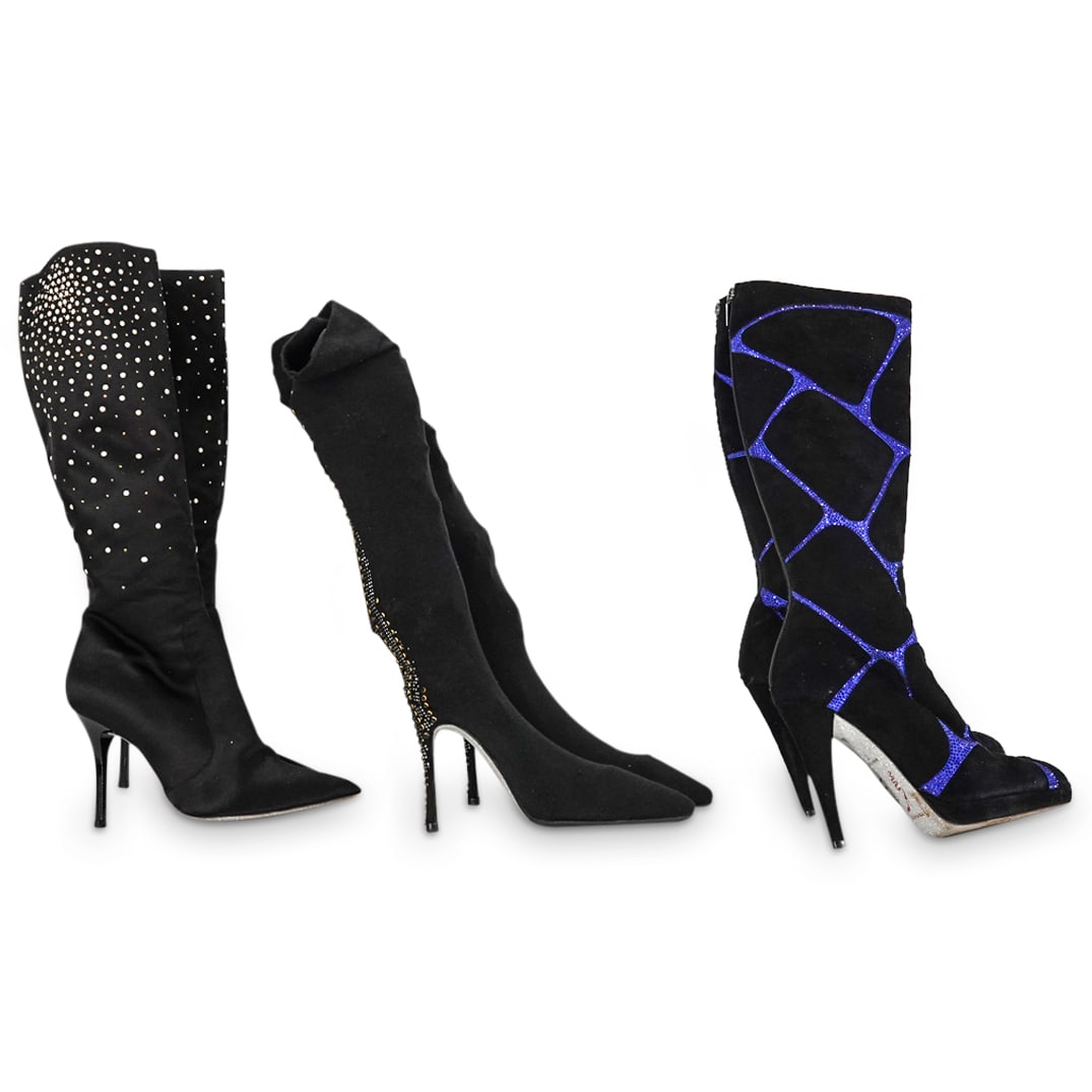 (3 Pc) Vintage Rene Caovilla Embellished Ladies Black Boots Grouping (1 of 16)