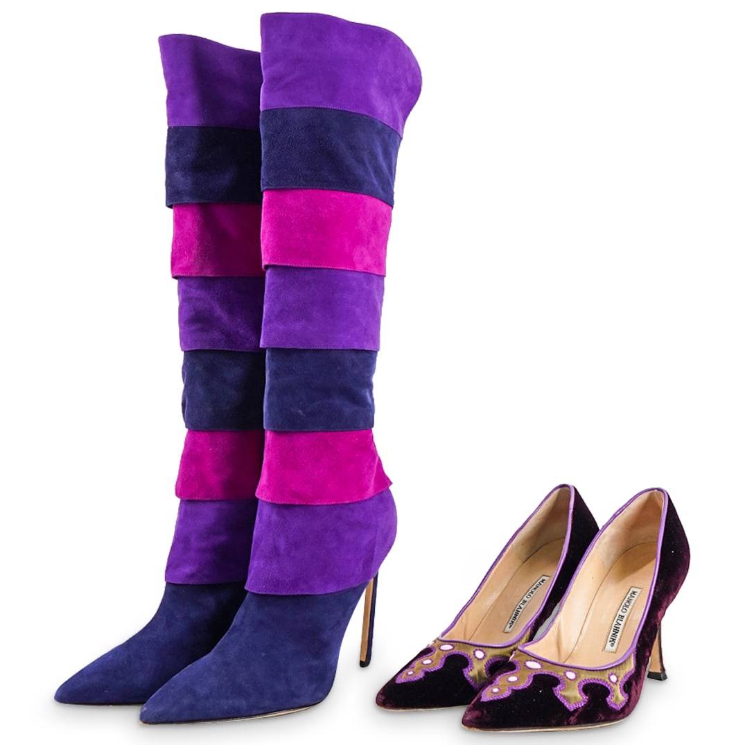 (2 Pc) Vintage Designer Manolo Blahnik Suede Leather Boots & Stiletto Grouping Set (1 of 14)