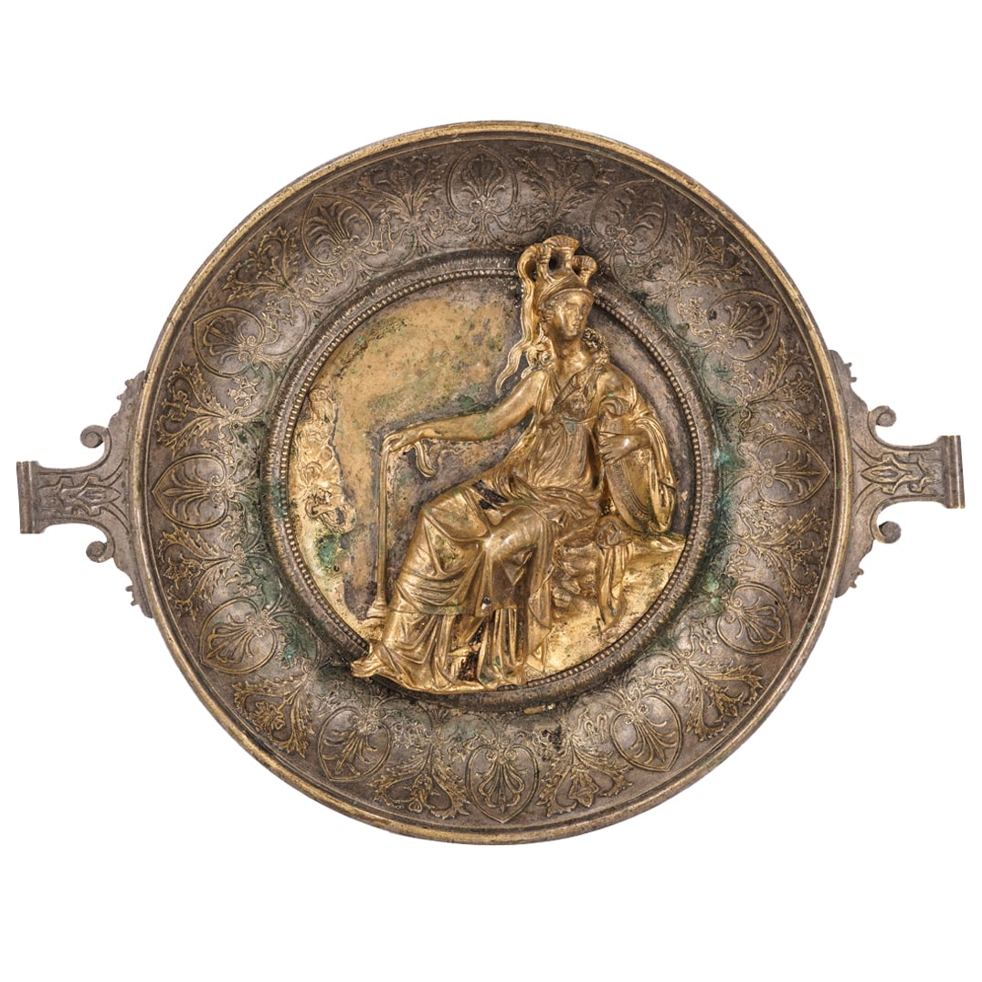 Antique French Neoclassical Minerva Bronze Centerpiece Bowl: DESCRIPTION: Antique bronze centerpiece bowl featuring in the center of its well a gilt, high relief depiction of Minerva/Athena, Greco-Roman goddess of wisdom, seated with her gorgoneion ("Gorgon amu