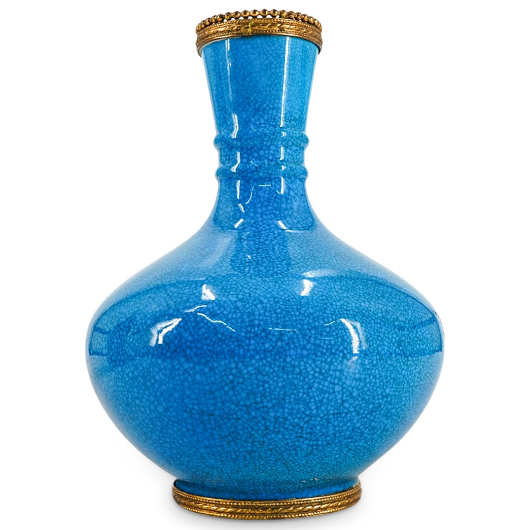Early Belgium Boch Freres Porcelain Blue Vase W/ Gilt Bronze Frame: DESCRIPTION: Early 20th Cent. Belgium Boch Freres porcelain vase with a craquelure blue glaze finish and gilt bronze frame. Marked with the markers hallmark on the underside. The Boch manufacture was