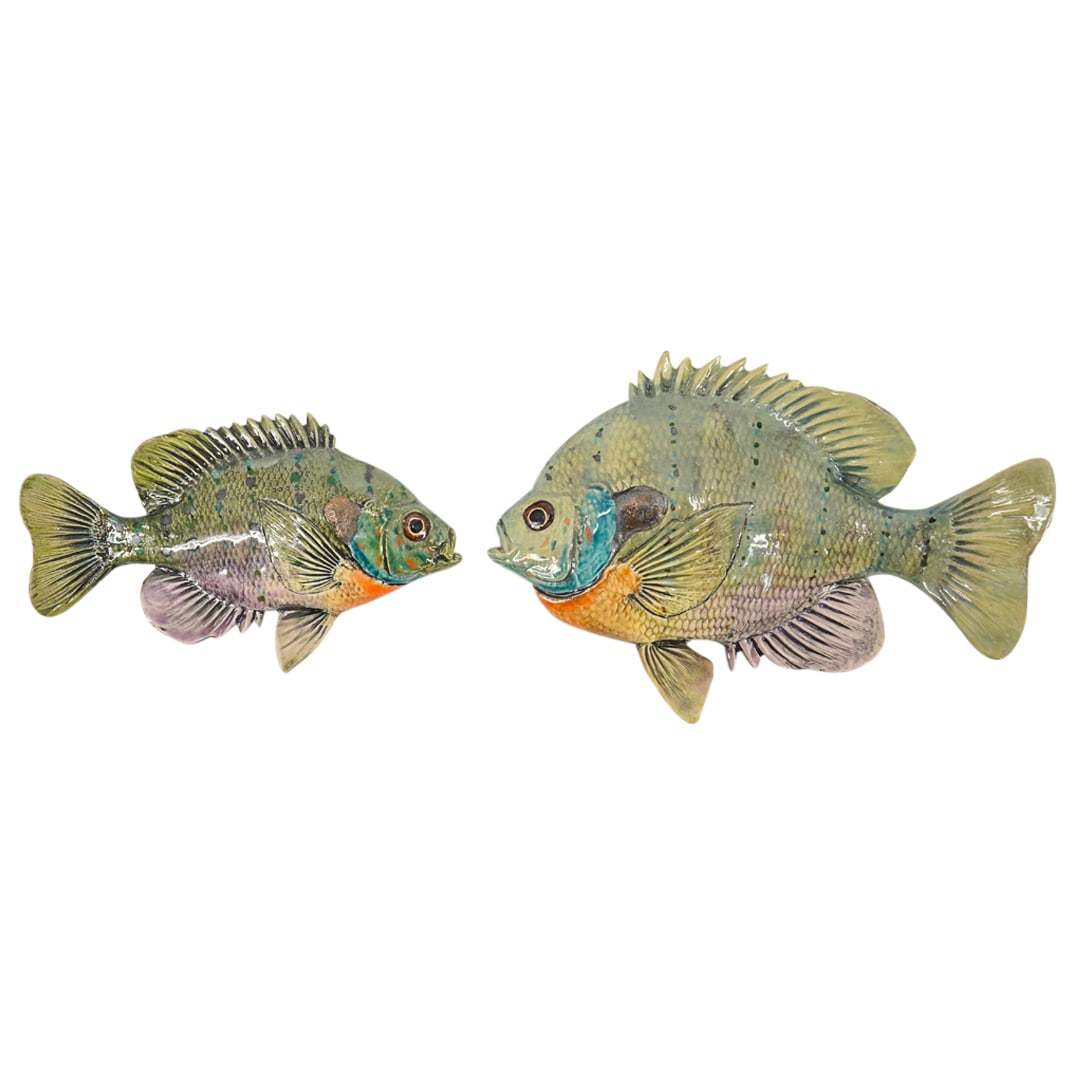 (2 Pc) Signed Porcelaneous Stoneware Clay "Bluegill" Fish Wall Sculptures (1 of 11)
