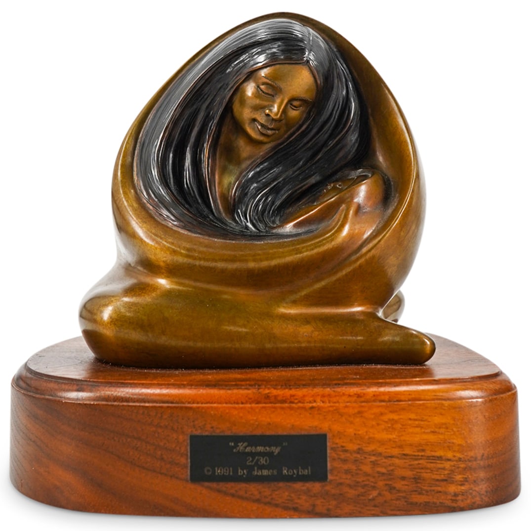 James Roybal (American, B. 1952) "Harmony" Limited Edition Sculpture: DESCRIPTION: Limited edition metal sculpture by James Roybal (American, b. 1952) entitled "Harmony" depicting a woman cradling a baby. At back: "'Harmony' James Roybal 2/30 [copyright] 1991". Mounted 