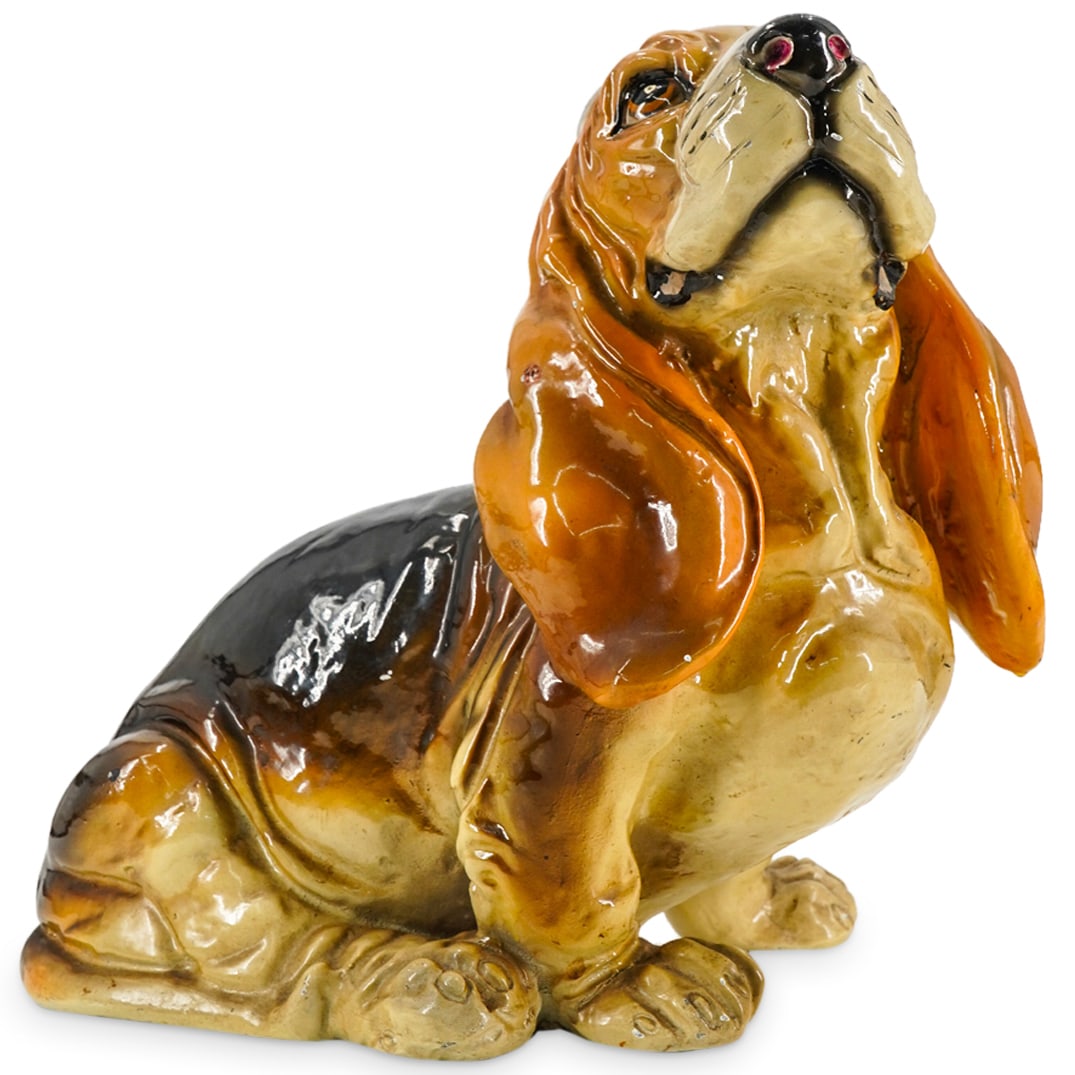 Marwal Ind. Inc. Beagle: DESCRIPTION: Composite sculpture by Marwal Ind Inc. depicting a seated beagle featuring a coat in shades of brown and two bejeweled pupils in its eyes. Foundry mark present above left hind paw. CIRCA: