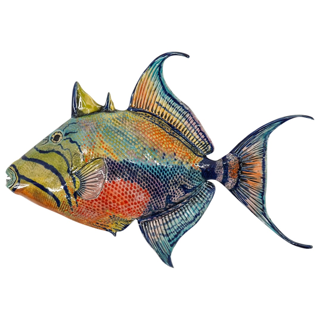 Signed Porcelaneous Stoneware Clay "Queen TriggerFish" Wall Sculpture (1 of 6)
