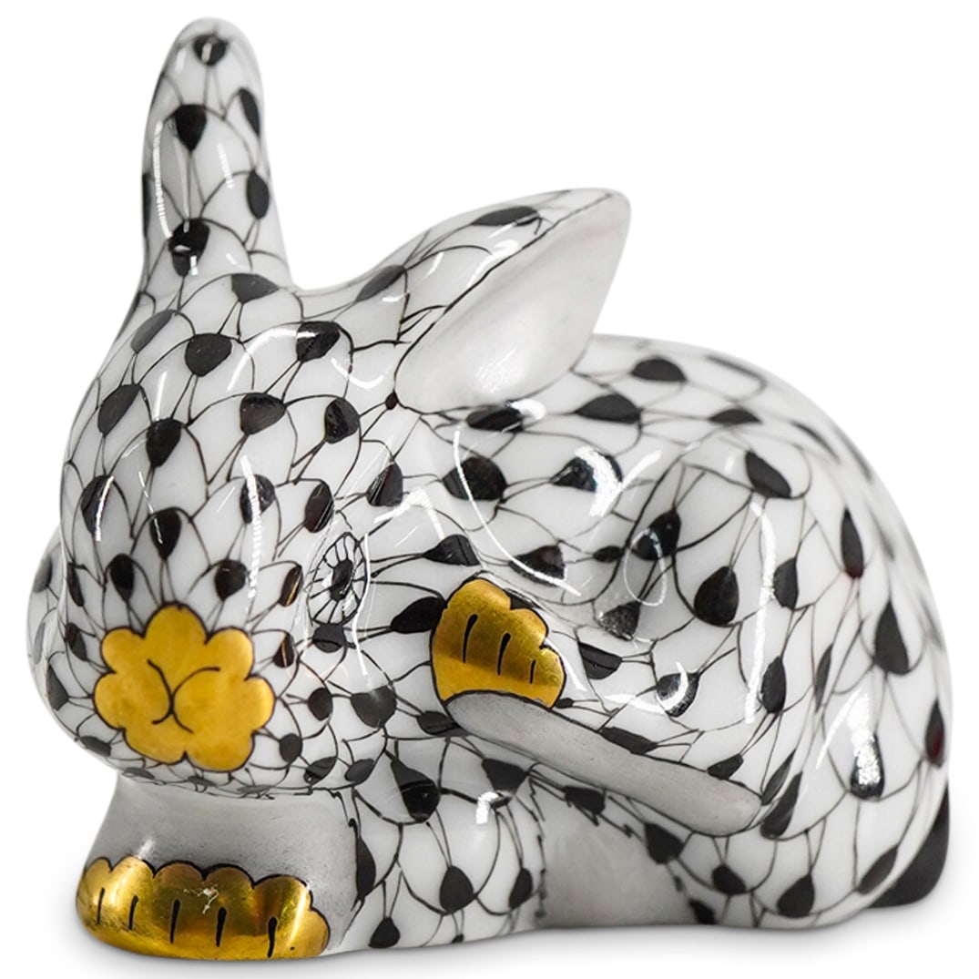 Herend Porcelain "Small Scratching Bunny" Black Fishnet Figurine (1 of 5)