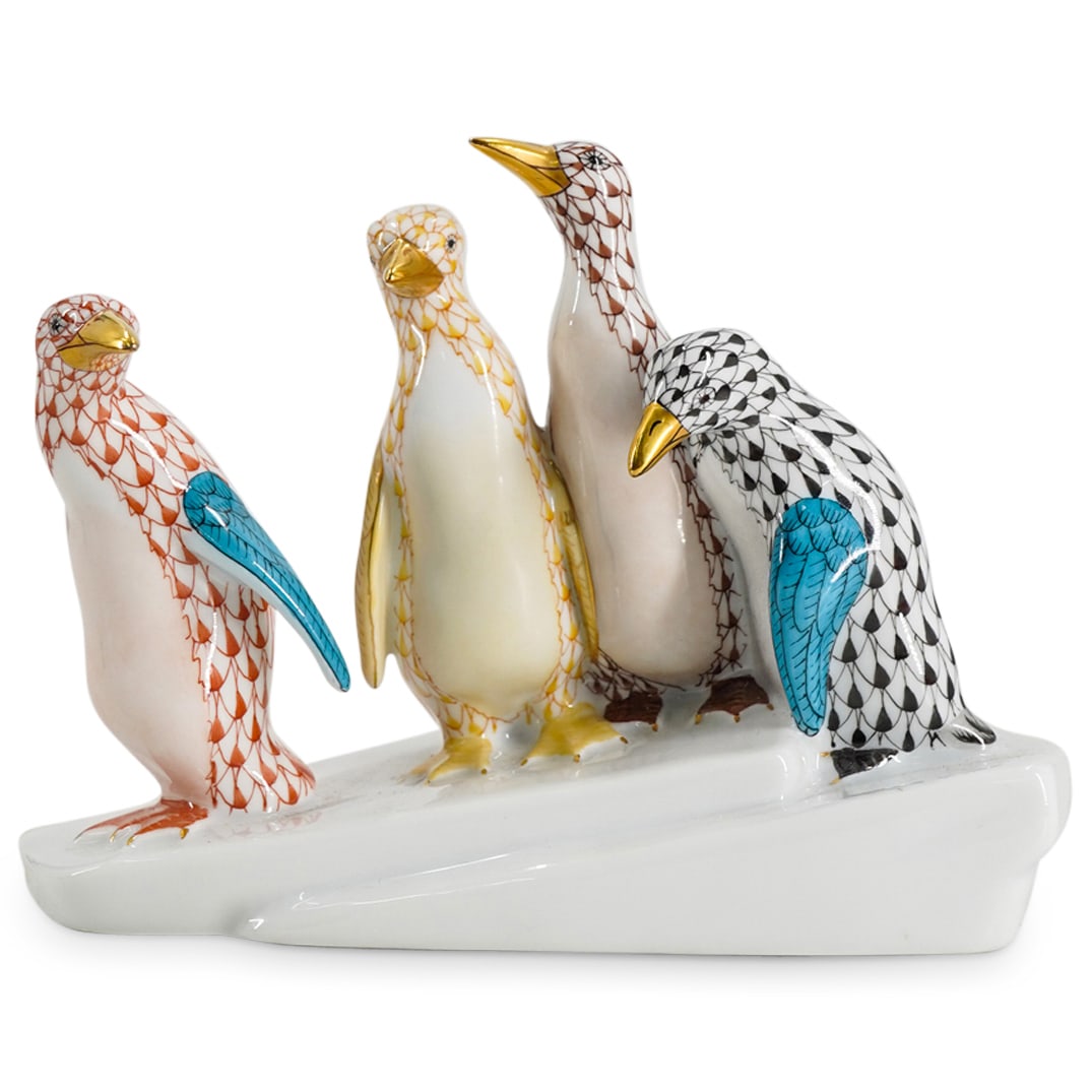 Herend Porcelain "Penguins on Ice" Multicolor Fishnet Figurine (1 of 6)