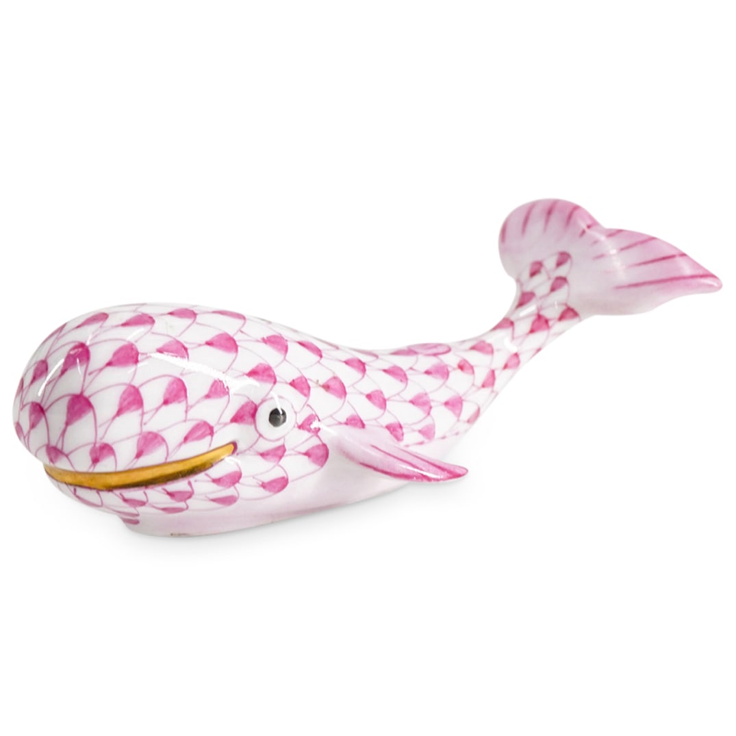 Herend Porcelain "Baby Whale" Raspberry Fishnet Figurine: DESCRIPTION: Herend porcelain figurine depicting a "Baby Whale" and featuring raspberry fishnet pattern and gilded accents. Style number: #15464. Marked with Herend hallmark on the underside. CIRCA: 2