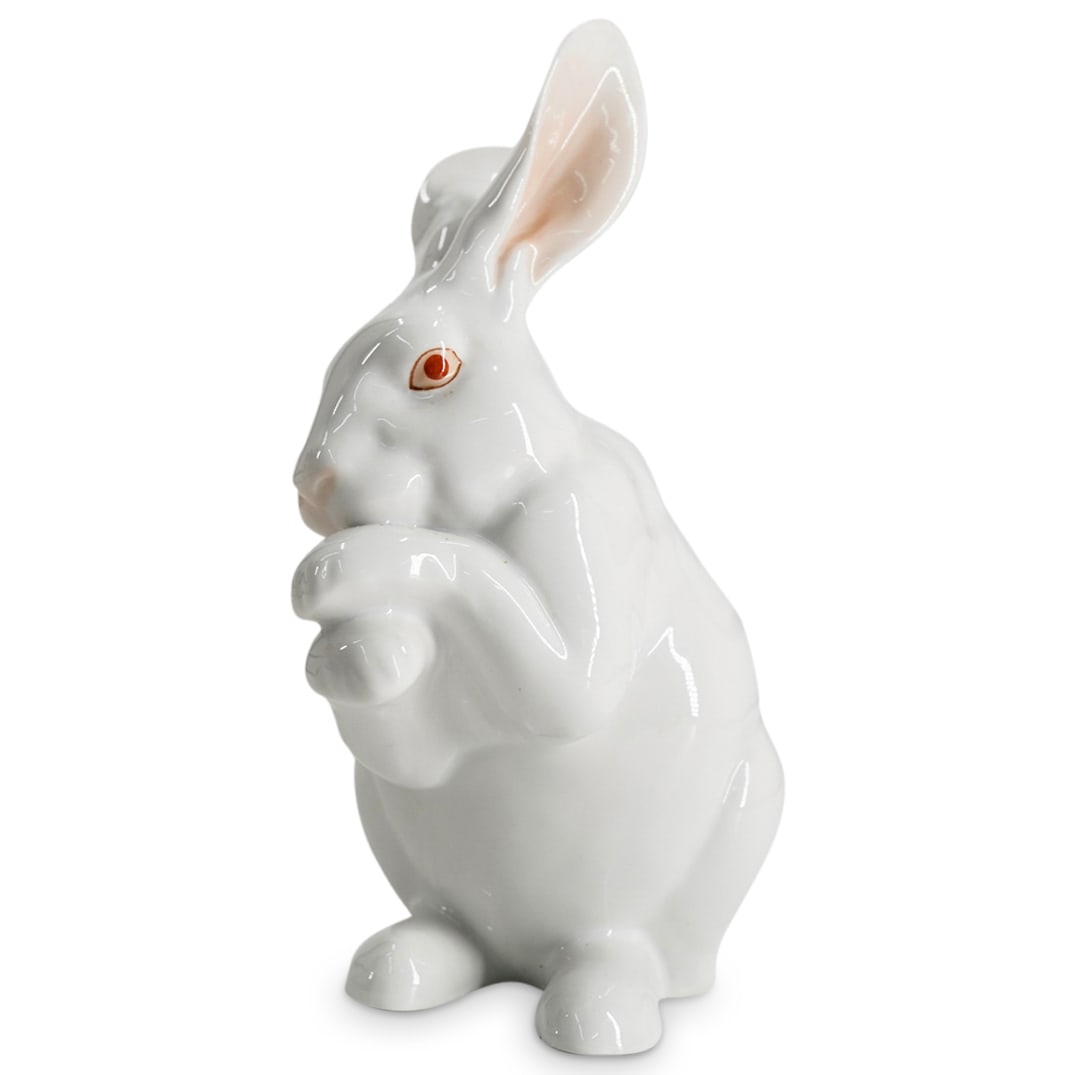 Herend White Porcelain "Bunny Paws Up" Figurine: DESCRIPTION: Herend white porcelain figurine featuring a "Bunny Paws Up". Style number: #15307. Marked with Herend hallmark on the underside. CIRCA: 20th Century ORIGIN: Hungary DIMENSIONS: H: 5 3/4" 