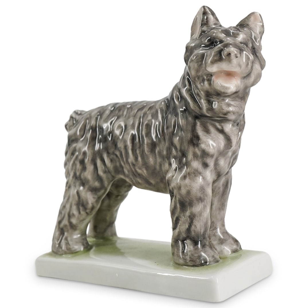 Herend Porcelain "Dog" Figurine: DESCRIPTION: Herend porcelain figurine featuring a dog. Marked with Herend hallmark on the underside. CIRCA: 20th Century ORIGIN: Hungary DIMENSIONS: H: 5 1/2" W: 5 1/2" CONDITION: Good condition Unle