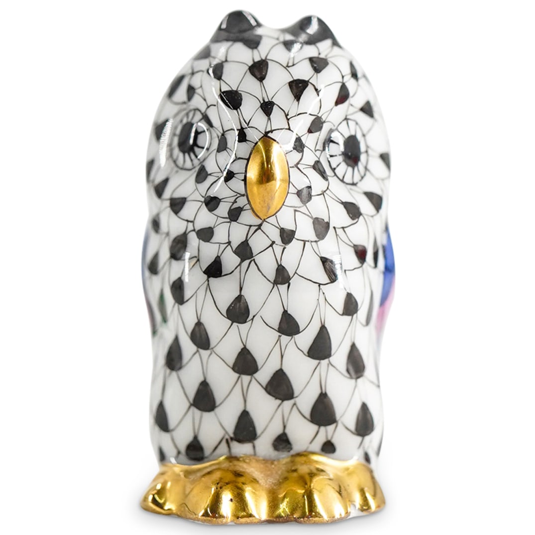 Herend Porcelain "Miniature Owl" Black Fishnet Figurine: DESCRIPTION: Herend porcelain figurine depicting a "Miniature Owl" and featuring black fishnet pattern and gilded accents. Style number: #5102. Marked with Herend hallmark on the underside. CIRCA: 20t