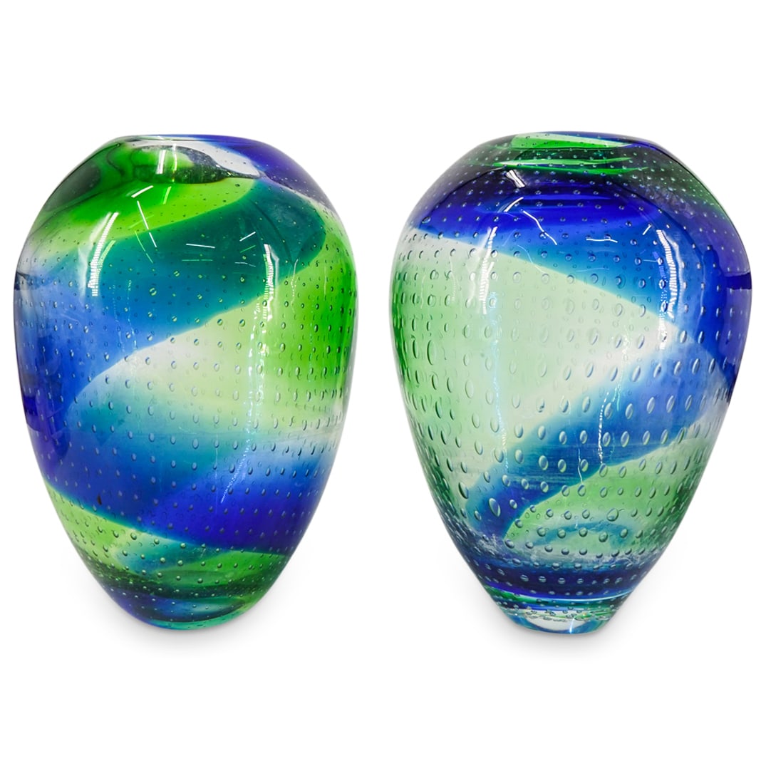 (2 Pc) Murano Bullicante Blue & Green Art Glass Vases (1 of 6)