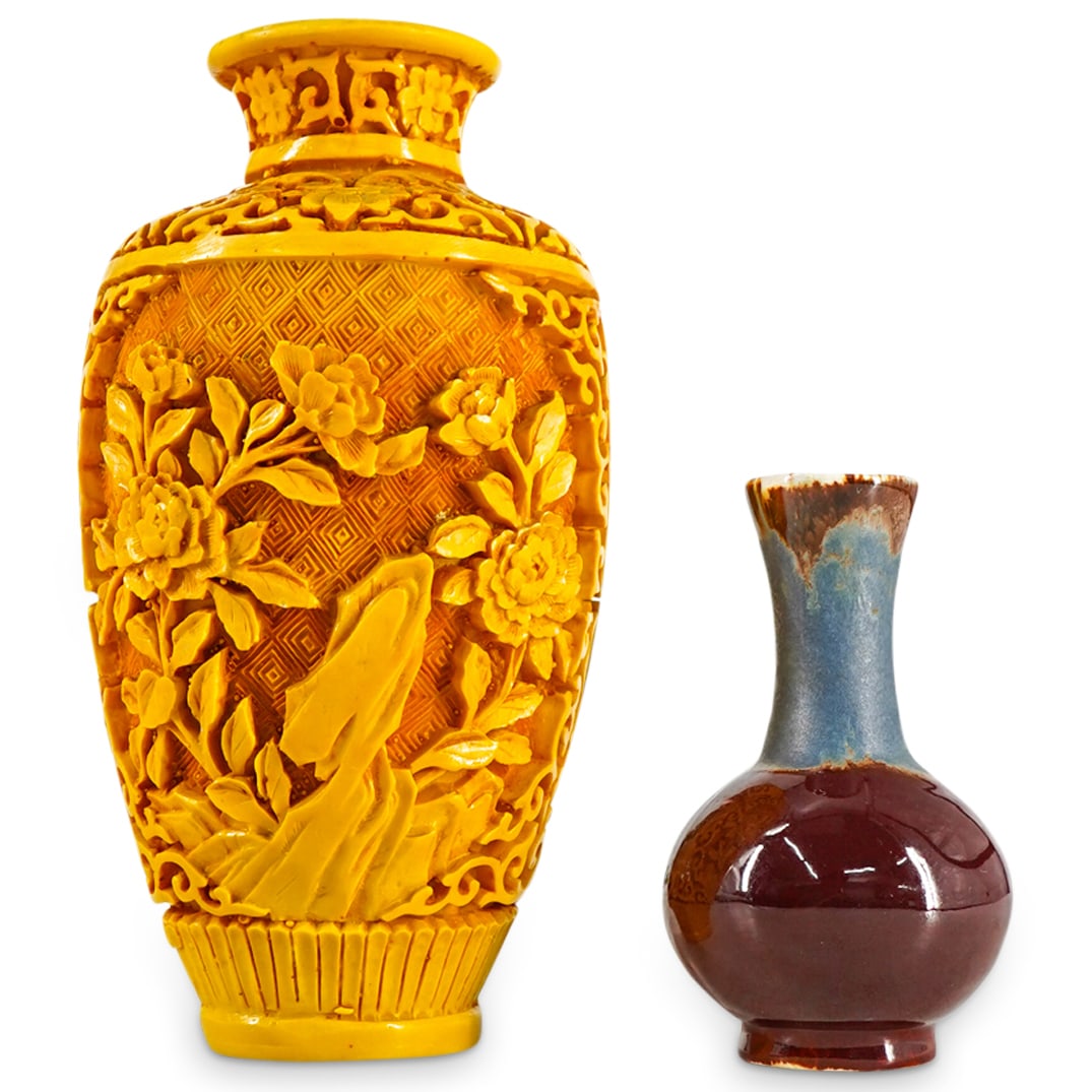 (2 Pc) Flambe And Carved Yellow Cinnabar Vases (1 of 8)
