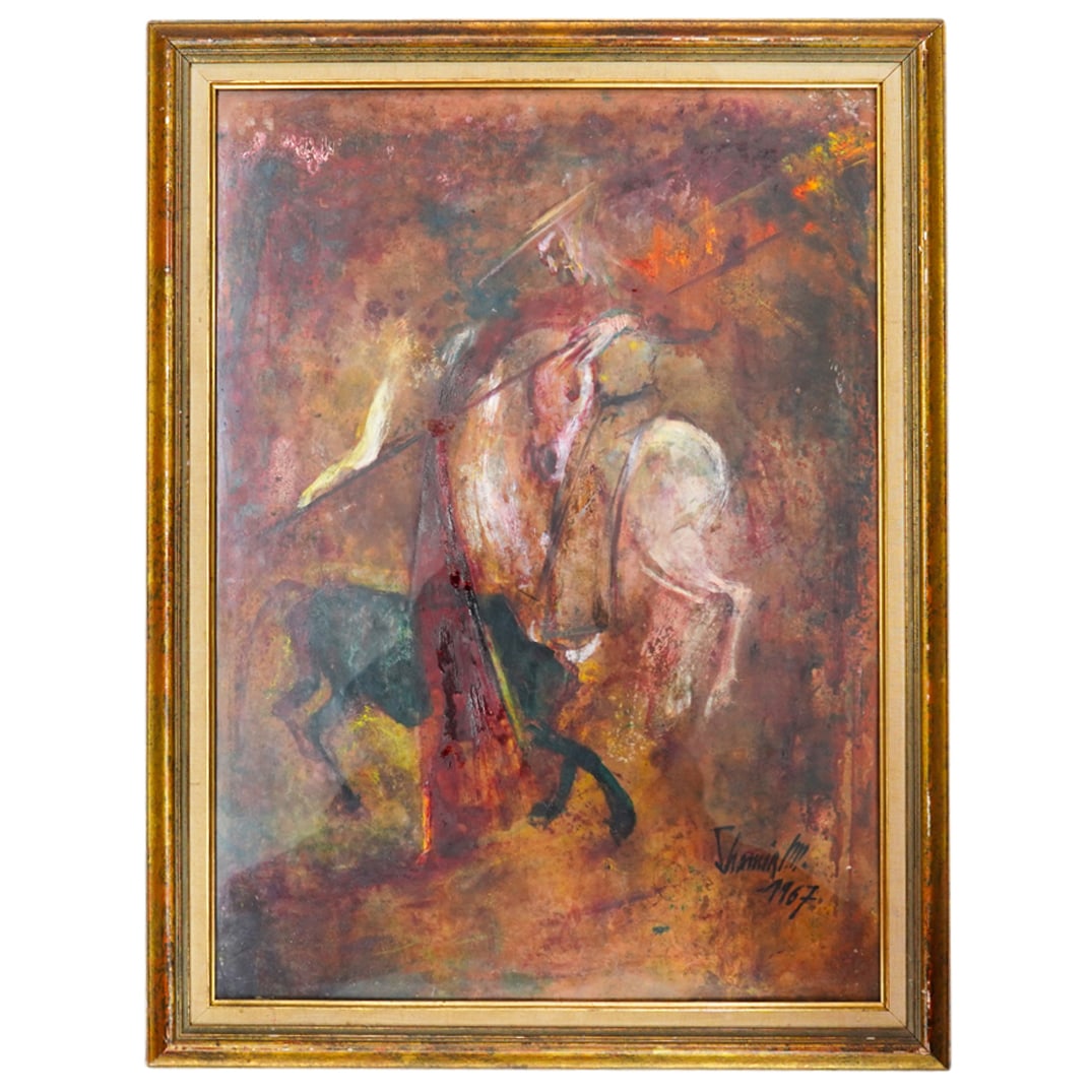 Signed Shamir Cavalier Monotype: DESCRIPTION: Monotype depicting a man on horseback fighting a bull against a dark, abstract background. Signed at lower right Shamir and dated "1967". Mounted in a gilt frame. CIRCA: 1967 ORIGIN: Cont