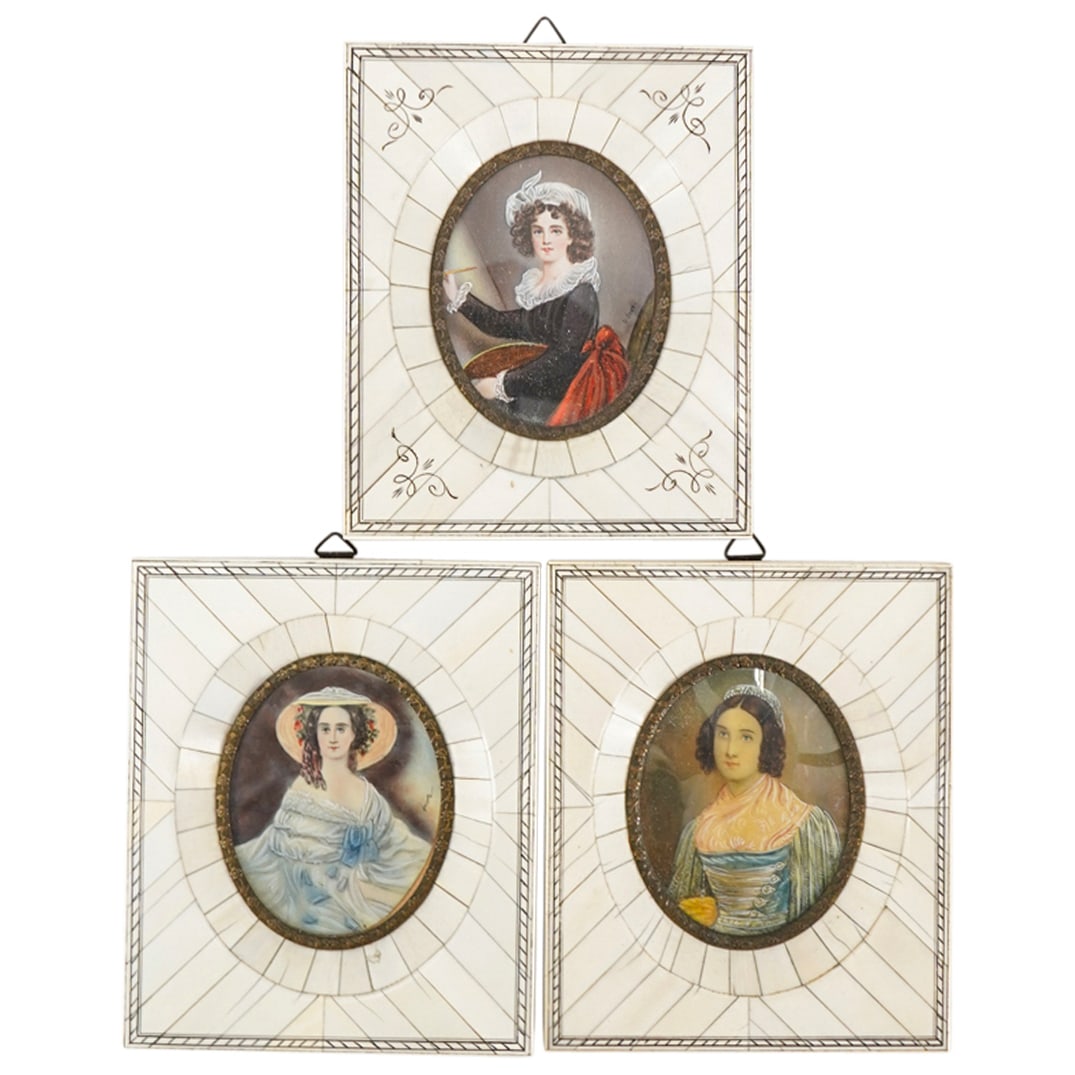 (3 Pc) Antique European Oil On Celluloid Miniature Portraits: DESCRIPTION: Three oil on celluloid portraits - each depicting a portrait of a lady - mounted in a frame coated in carved bone tiles. CIRCA: 19th to early 20th Century ORIGIN: European DIMENSIONS: Wit