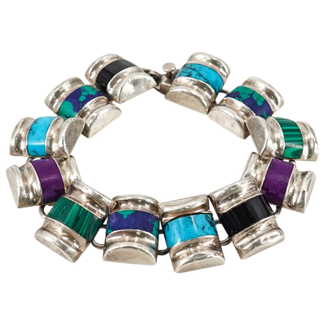 Mexican Sterling Silver & Semi Precious Stone Cuff Link Bracelet (1 of 6)