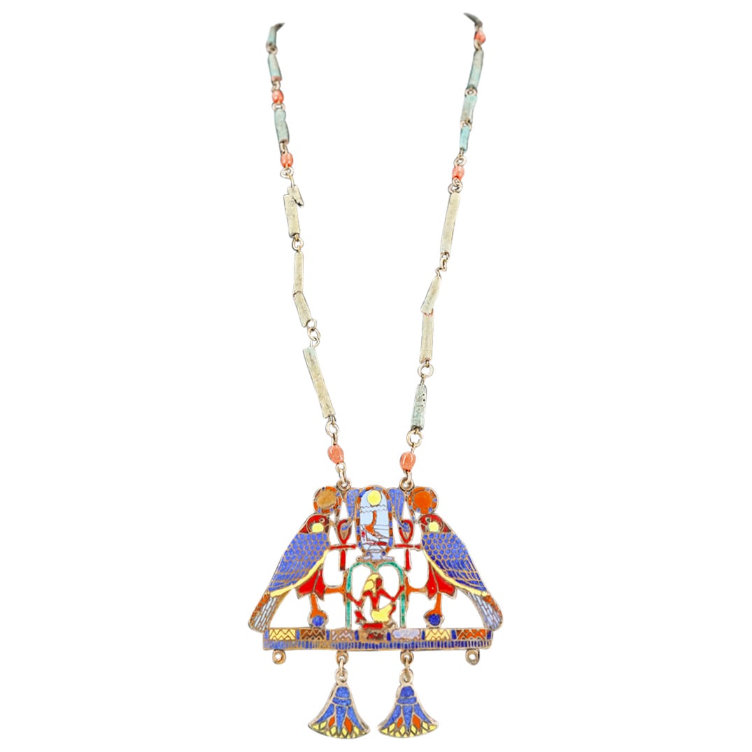 Egyptian Pendant Necklace After Senusret II: DESCRIPTION: Egyptian pendant necklace after Senusret II's pectoral composed of both antique and ancient components featuring an enameled pendant depicting a human figure beneath a scarab cartouche fl
